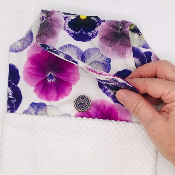 Hanging Kitchen Towel: Bright Purple Pansies Topper, Button Closure - Picture 5 of 7
